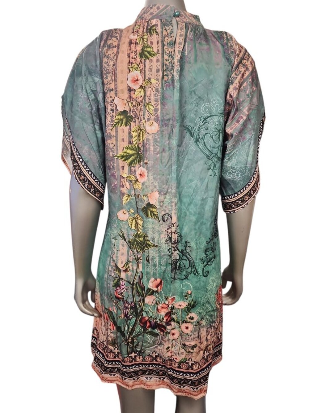 Romantic Botanical Print Kaftan Tunic Boho Baroque Floral Teal Mini Dress M - Picture 4 of 15